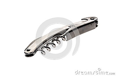 Silver metallic wine corkscrew bottle opener on white background Stock Photo