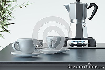 Silver moka pot with white coffee cups on foreground. 3d rendering. Stock Photo