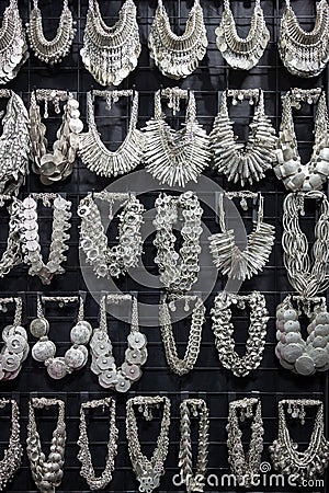 Silver necklaces at Chibimart 2013 in Milan, Italy Editorial Stock Photo