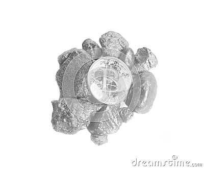 Silver Nugget and Silver Bitcoin Coin Stock Photo