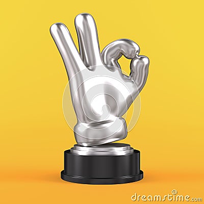 Silver ok gesture hand Trophy on yellow background. Isolated 3d render illustration Stock Photo