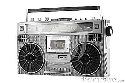 Silver old-school ghetto blaster or boombox isolated on a white Stock Photo