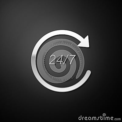 Silver Open 24 hours a day and 7 days a week icon isolated on black background. All day cyclic icon. Long shadow style Vector Illustration