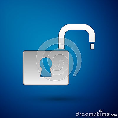 Silver Open padlock icon isolated on blue background. Opened lock sign. Cyber security concept. Digital data protection Vector Illustration