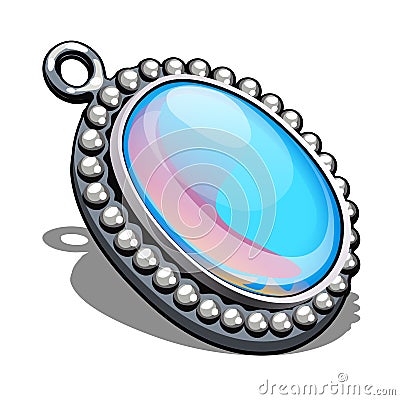 Silver oval pendant with inlaid moonstone in the style cabochon isolated on white background. An instance of boutique Vector Illustration