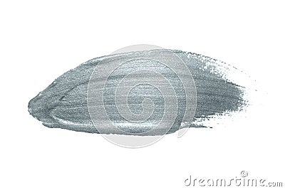 Silver paint brush stroke or abstract dab smear with silver glitter texture on white background. Isolated glittering oil or ink pa Stock Photo