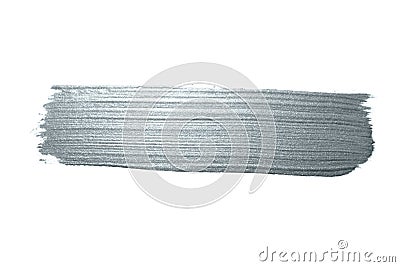 Silver paint brush stroke or abstract dab smear with silver glitter texture on white background. Isolated glittering oil or ink pa Stock Photo