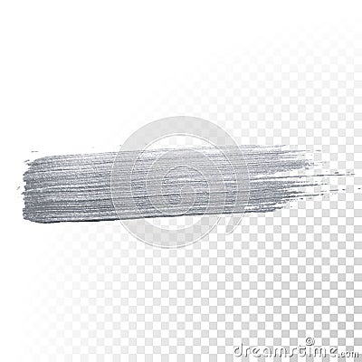 Silver paint brush stroke or abstract dab smear with silver glitter smudge texture on transparent background. Vector isolated glit Vector Illustration