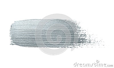 Silver paint brush stroke or abstract dab smear with silver glitter smudge texture on white background. Isolated glittering and sp Stock Photo