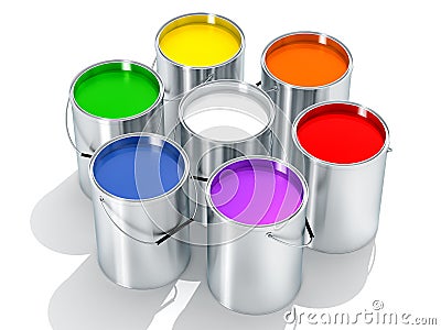 Silver Paint Buckets - Color wheel - 3D Rendering Stock Photo