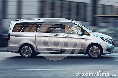 Silver passenger van Mercedes-Benz W447 Viano in the city street in motion. Luxury fast Mercedes Vito van Editorial Stock Photo