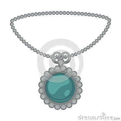 Silver pendant on chain, emerald gemstone, 1900s fashion Vector Illustration