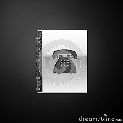 Silver Phone book icon isolated on black background. Address book. Telephone directory. Long shadow style. Vector Vector Illustration