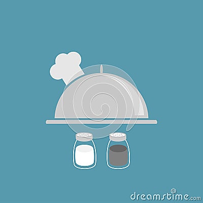 Silver platter cloche chef hat. Salt, pepper shaker. Glass container set. Flat design. Blue background. Vector Illustration