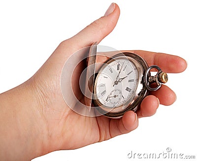 Silver pocket watch in hand Stock Photo