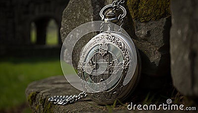 a silver pocket watch sitting on top of a stone wall. generative ai Stock Photo