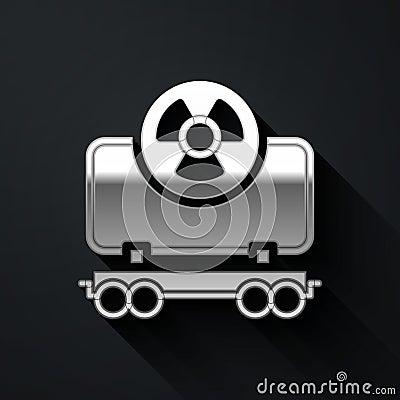 Silver Radioactive cargo train wagon icon isolated on black background. Freight car. Railroad transportation. Long Vector Illustration