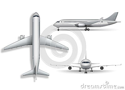 Silver realistic airplane mock up isolated. Aircraft, airliner 3d illustration on white background. Set of air plane Vector Illustration