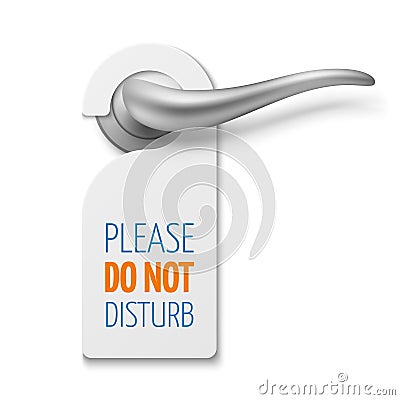 Silver realistic door handle with do not disturb white blank vector sign Vector Illustration
