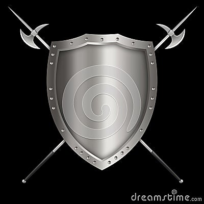 Silver riveted shield with axes. Stock Photo