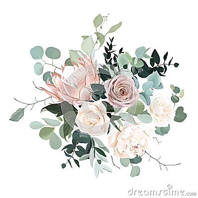 Silver sage and blush pink flowers vector design bouquet. Vector Illustration