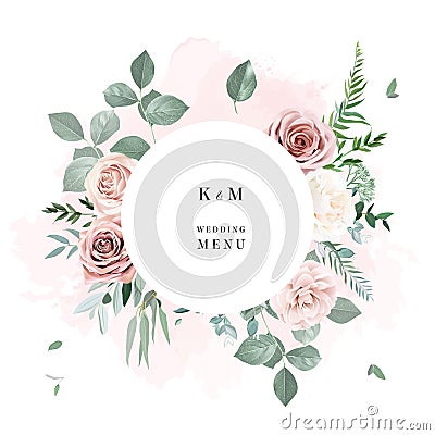 Silver sage and blush pink flowers vector design frame Vector Illustration