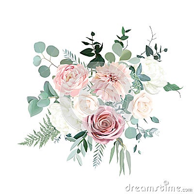 Silver sage green and blush pink flowers vector design bouquet Vector Illustration