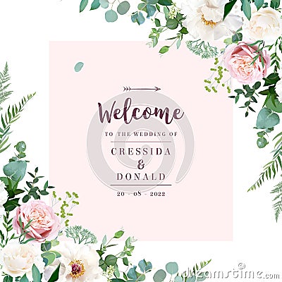 Silver sage green and blush pink flowers vector design frame Vector Illustration