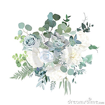 Silver sage green, mint, blue, white flowers vector design spring bouquet. Vector Illustration