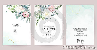 Silver sage green, mint, blue, white flowers vector design spring cards Vector Illustration