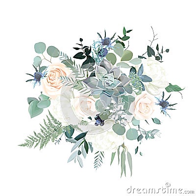 Silver sage green, pink blush and white flowers vector design spring bouquet Vector Illustration