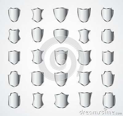 Silver shield design set with various shapes Vector Illustration