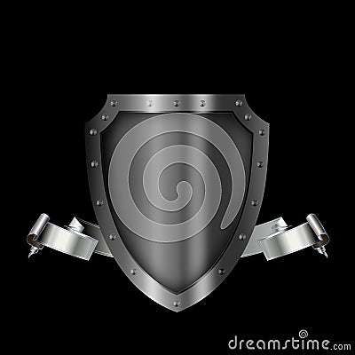 Silver shield with two spears and silver ribbon. Stock Photo