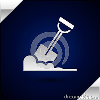 Silver Shovel in the ground icon isolated on dark blue background. Gardening tool. Tool for horticulture, agriculture Vector Illustration