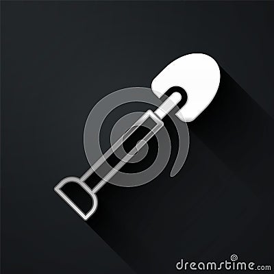 Silver Shovel icon isolated on black background. Gardening tool. Tool for horticulture, agriculture, farming. Long Stock Photo