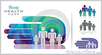 Silver silhouette of a family of four . A safe hand assisting a family. Isolated images. Vector Illustration