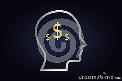 Silver silhouette of the head with golden dollars inside. Vector Illustration