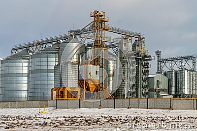 Silver silos against the blue sky in winter. Grain storage in winter at low temperatures. Production for processing, drying, Stock Photo