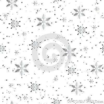 Silver snowflakes and dots on white background. Noble winter christmas seamless repeat pattern. Metallic effect. Perfect for print Vector Illustration