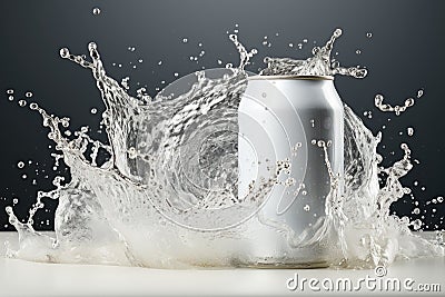 Silver Soda Can with Dynamic Water Splash Stock Photo