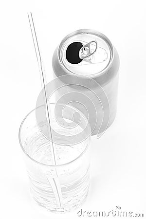 Silver soda can and glass Stock Photo
