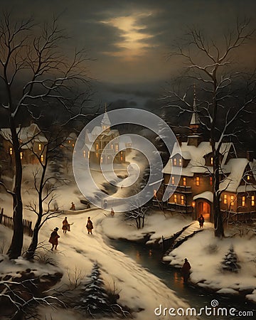 Silver Solstice: A Cozy Winter Village Alive with Moonlit Horseb Stock Photo