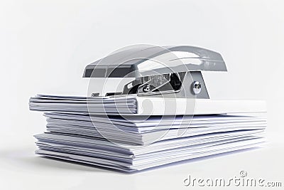 Silver Stapler Pressing Papers Close-up Cartoon Illustration