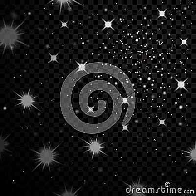 Silver stars black night sky on transparent background. Abstract bokeh glowing space design. Starry milky way. Galaxy Vector Illustration