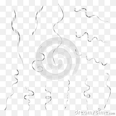 Silver streamers set. Argent curly confetti ribbon. Festive holiday decoration. Vector. Vector Illustration