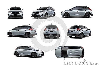 Silver Subcompact Car 5 Door Hatchback Variety of Angles. Stock Photo