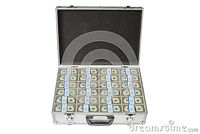 Silver Suitcase with Dollar Notes on white Stock Photo