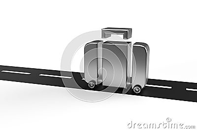 Silver suitcase icon and luggage on the road as car on isolated background Stock Photo