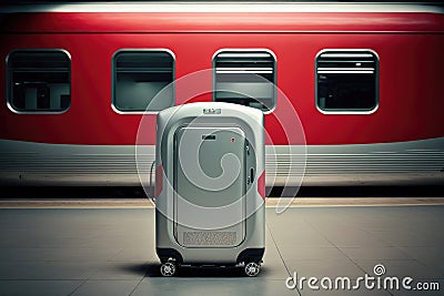 A silver suitcase stands on the platform near the train.travel concept. Stock Photo