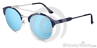 silver sunglasses blue mirror lenses isolated on white background Stock Photo